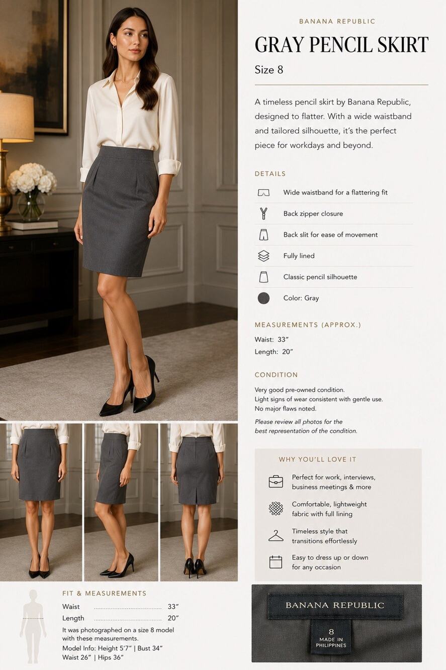 Banana Republic Gray Pencil Skirt Size 8 Career Office Lined Knee Length